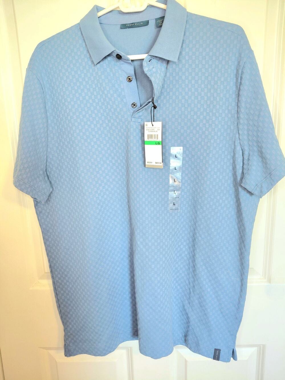 Perry Ellis Mens Large Polo Shirt Blue NWT Textured Jacquard Short Sleeve Casual